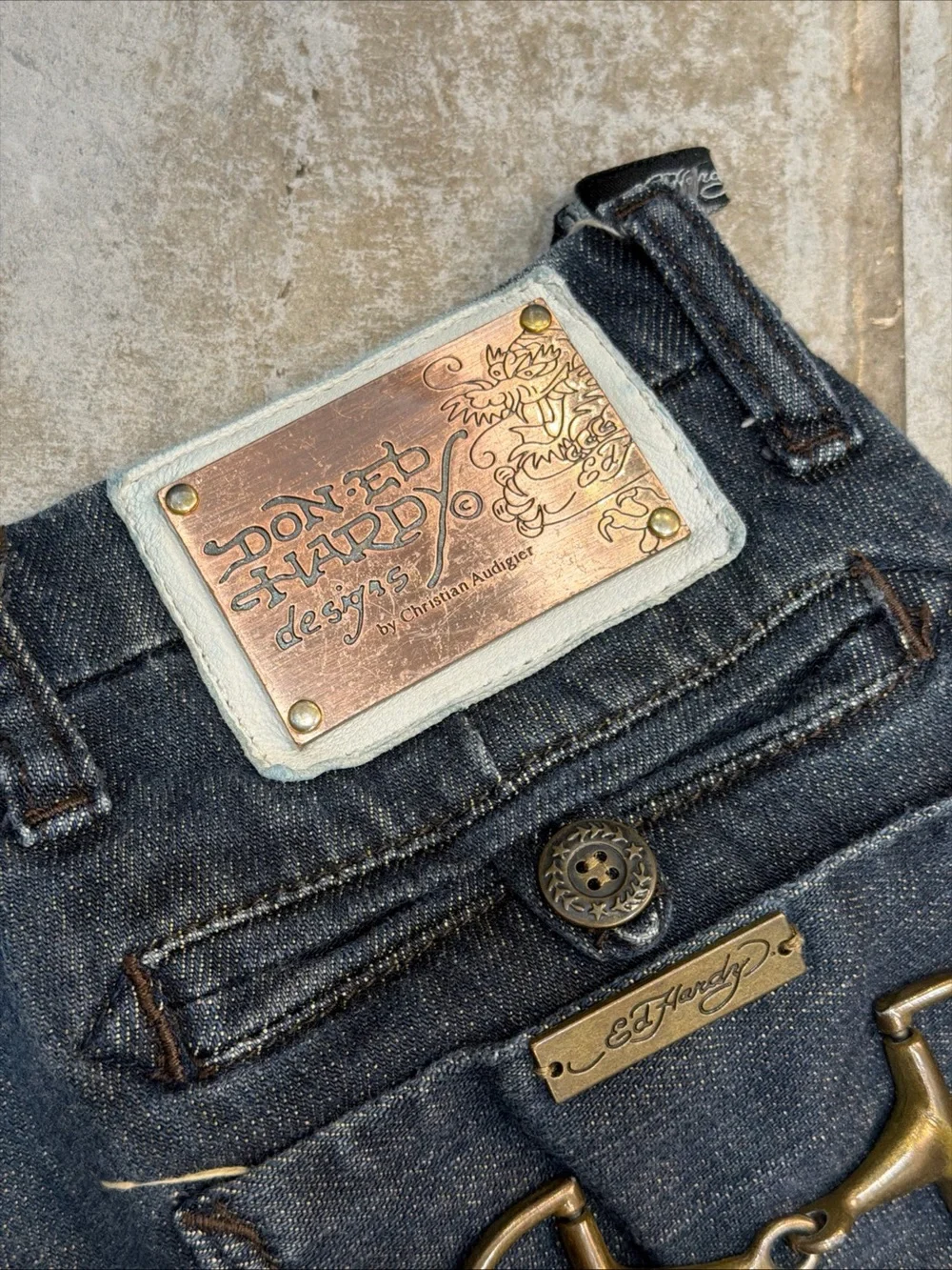 Don Ed Hardy Designs Y2K Buckle Skinny Jeans Size 28 Dark Blue